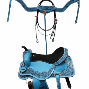 海外代购Saddle◎手作定制皮革笼头胸带缰绳西部蓝色马具马鞍套装