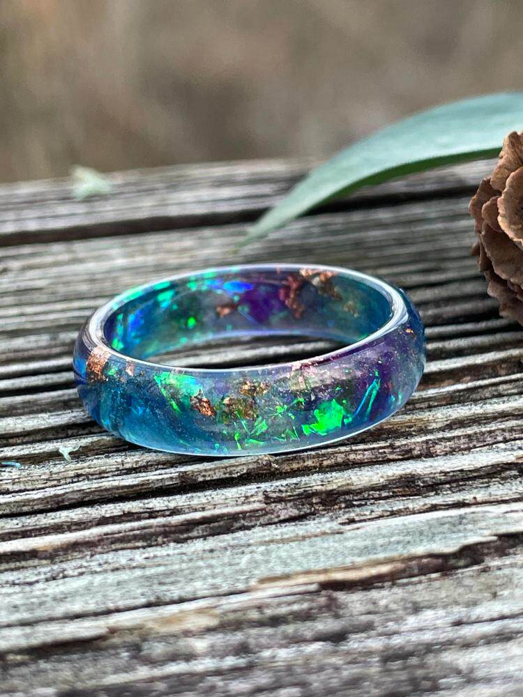 美国代购Iridescent ▼手作虹彩银河蓝色树脂半透明情侣订婚戒指