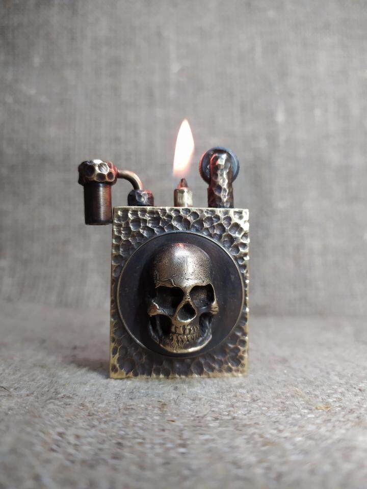 海外代购Skull◇手作蒸汽朋克骷髅方形战壕艺术镇纸黄铜打火机