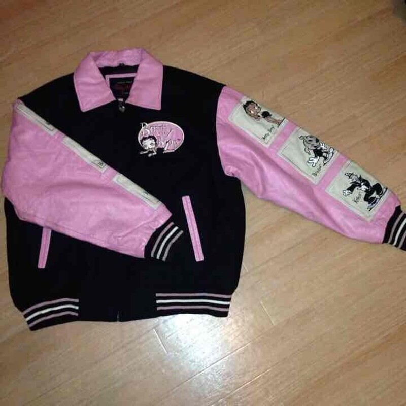 美国代购Pink◇古着粉色皮革拼接经典卡通娃娃图案女士夹克皮衣
