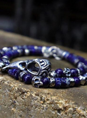 纯银乌鸦纯银骷髅头骨手链碧玉