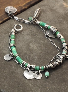 波兰代购Silver◇手作复古绿玉髓黄色碧玺石榴石银珠银链纯银手链