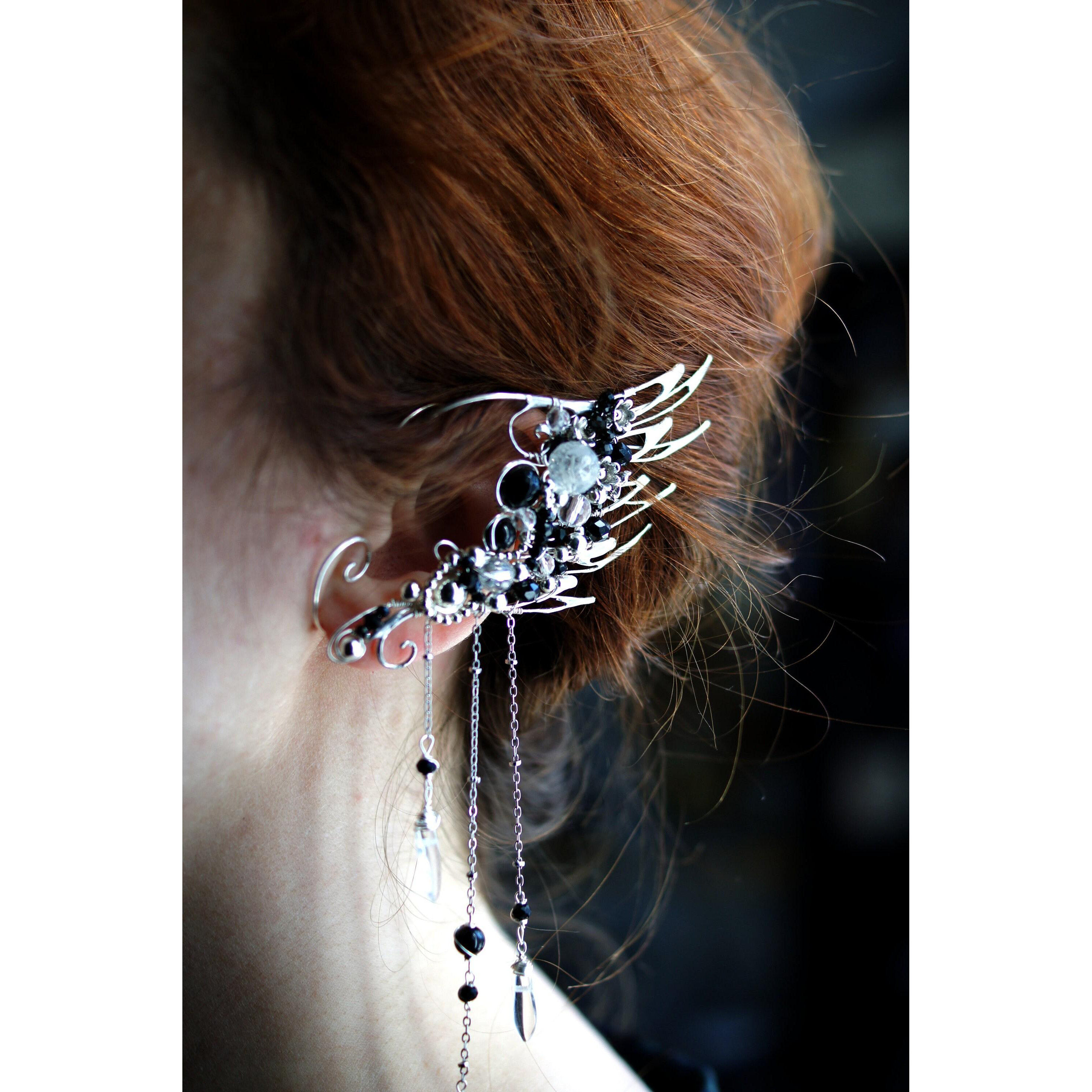 荷兰代购Earring㊣ 手作哥特朋克金属丝缠绕黑色串珠流苏翅膀耳夹
