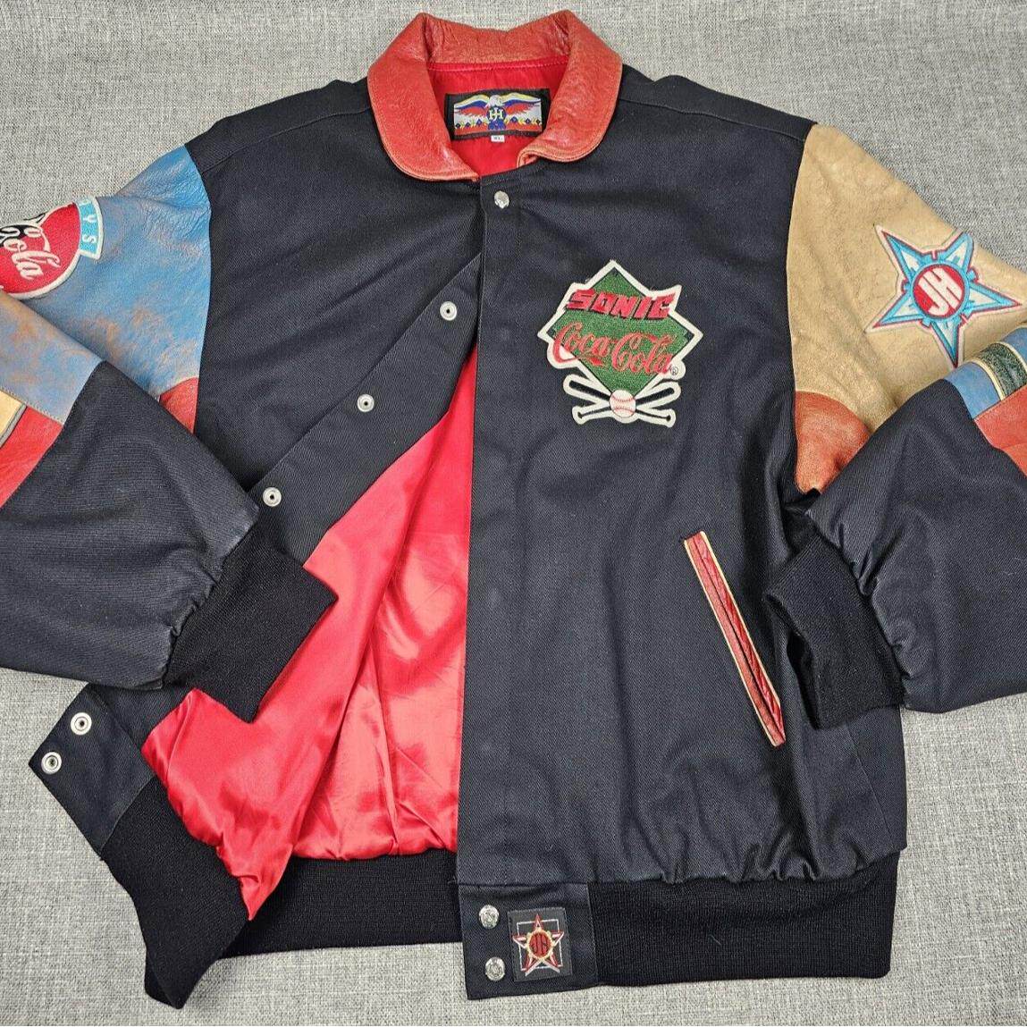 美国代购Jacket▼古着休闲皮革 90 年代条纹可乐棒球刺绣夹克皮衣