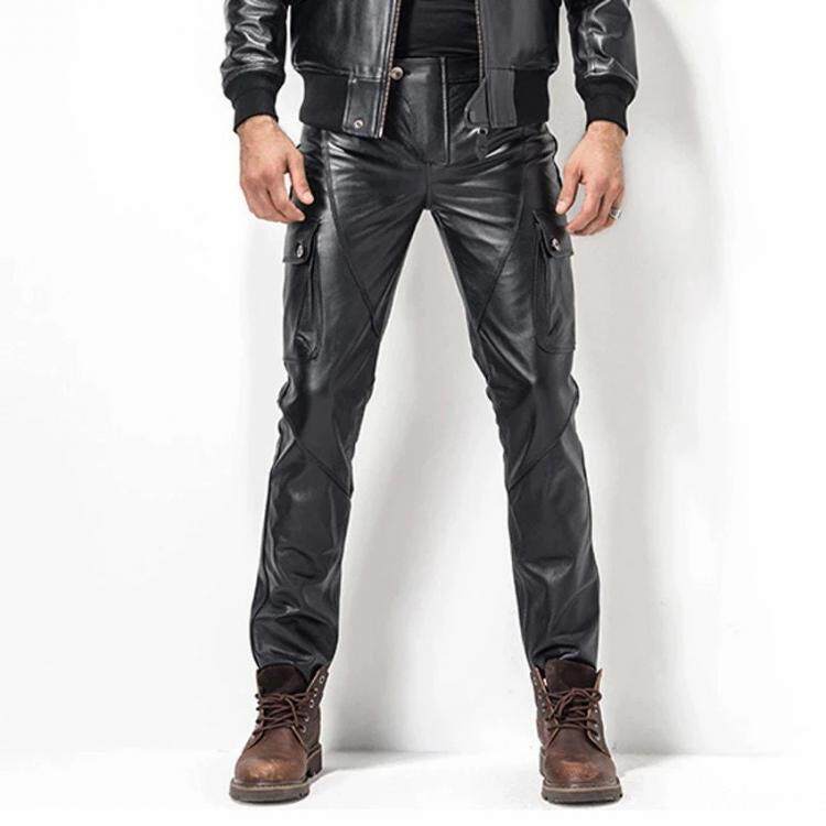 海外代购Biker◇手作摩托车朋克摇滚机车经典口袋真皮男士长皮裤