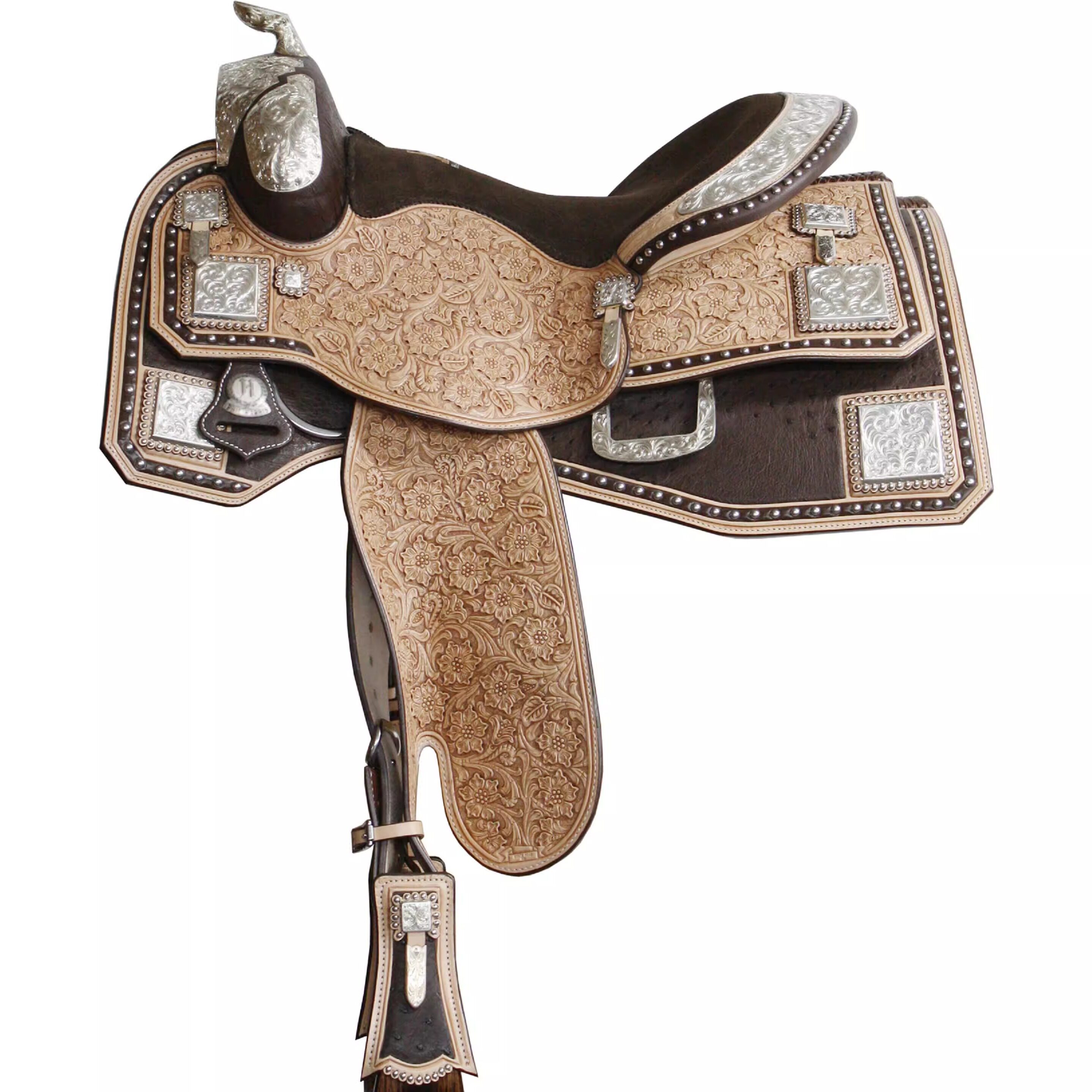 海外代购Saddle◎手作定制米色雕刻雕花带马笼头胸带西部表演马鞍