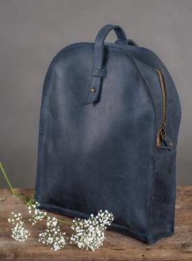乌克兰代购Backpack㊣ 手作简约精致蓝色真皮笔记本电脑双肩背包