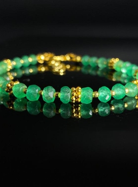 天然祖母绿串珠刻面宝石镀金手链