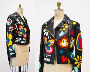 美国代购 夹克皮衣 Black◇古着黑色流苏刺绣补丁花朵机车女士短款