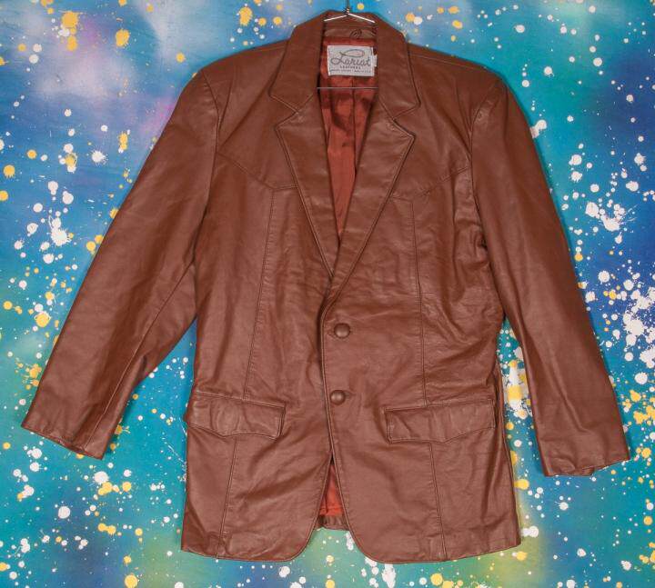 Jacket美国代购 古着老式80年代西装领纽扣棕色皮革夹克皮衣