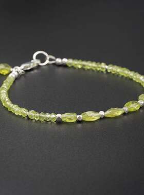 英国代购Peridot◇手作橄榄石黄绿色多面毫米椭圆小珠子纯银手链