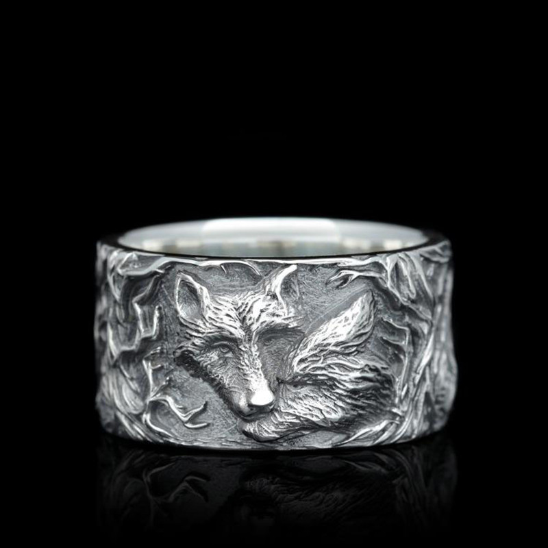 海外代购Wolf◇手作复古维京银色狼相爱画雕刻厚实指环纯银戒指