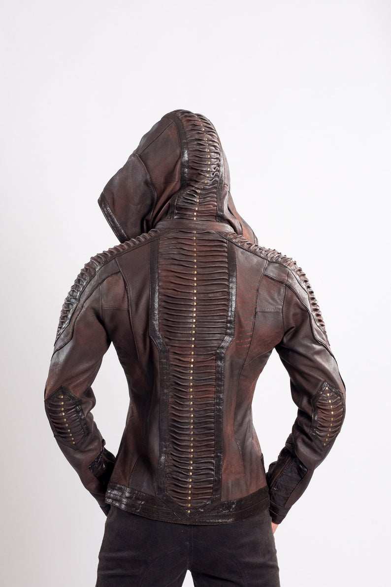 美国代购leather&infin;手作男士奇异机车皮夹克可拆卸帽子摩托车上衣