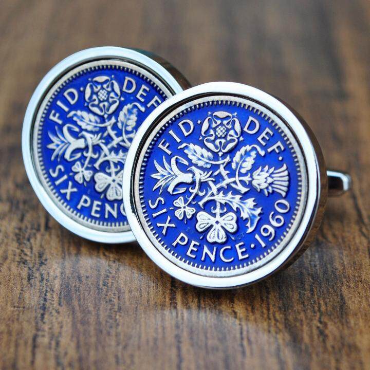 Cufflinks㊣英国代购 手作仿古花纹纪念礼品年份雕刻蓝色硬币袖扣