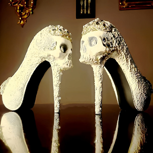 美国代购 Skull◇手作复古哥特骷髅头骨手绘厚底新娘结婚高跟鞋