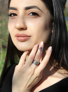 海外代购Double◇手作复古民族部落沙红色锆石链条雕刻纯银戒指