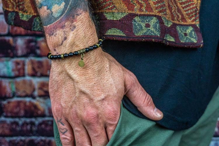 西班牙代购Warrior◇手作黑色战士玛瑙宝石串珠青铜圆盘男士手链