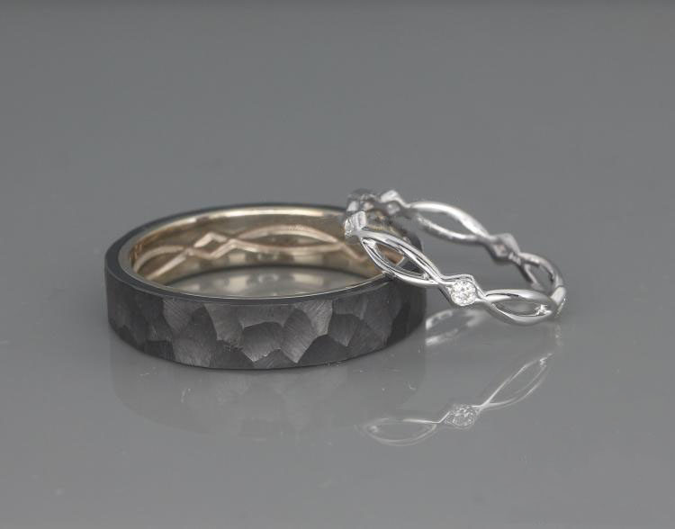 海外代购Diamond◇手作复古14K纯白金镶钻石结婚锤纹指环对戒戒指