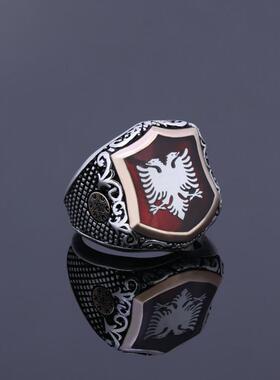 纯银复古红珐琅老鹰盾牌雕刻戒指