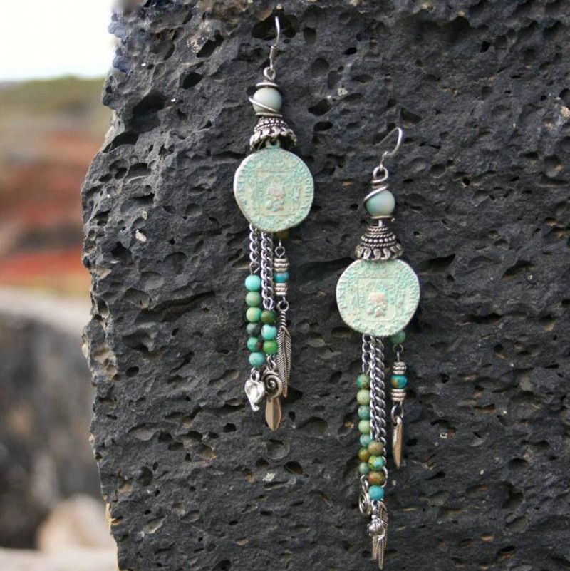 西班牙代购Beaded◇手作波西米亚古董巴塞罗那硬币绿松石长链耳环