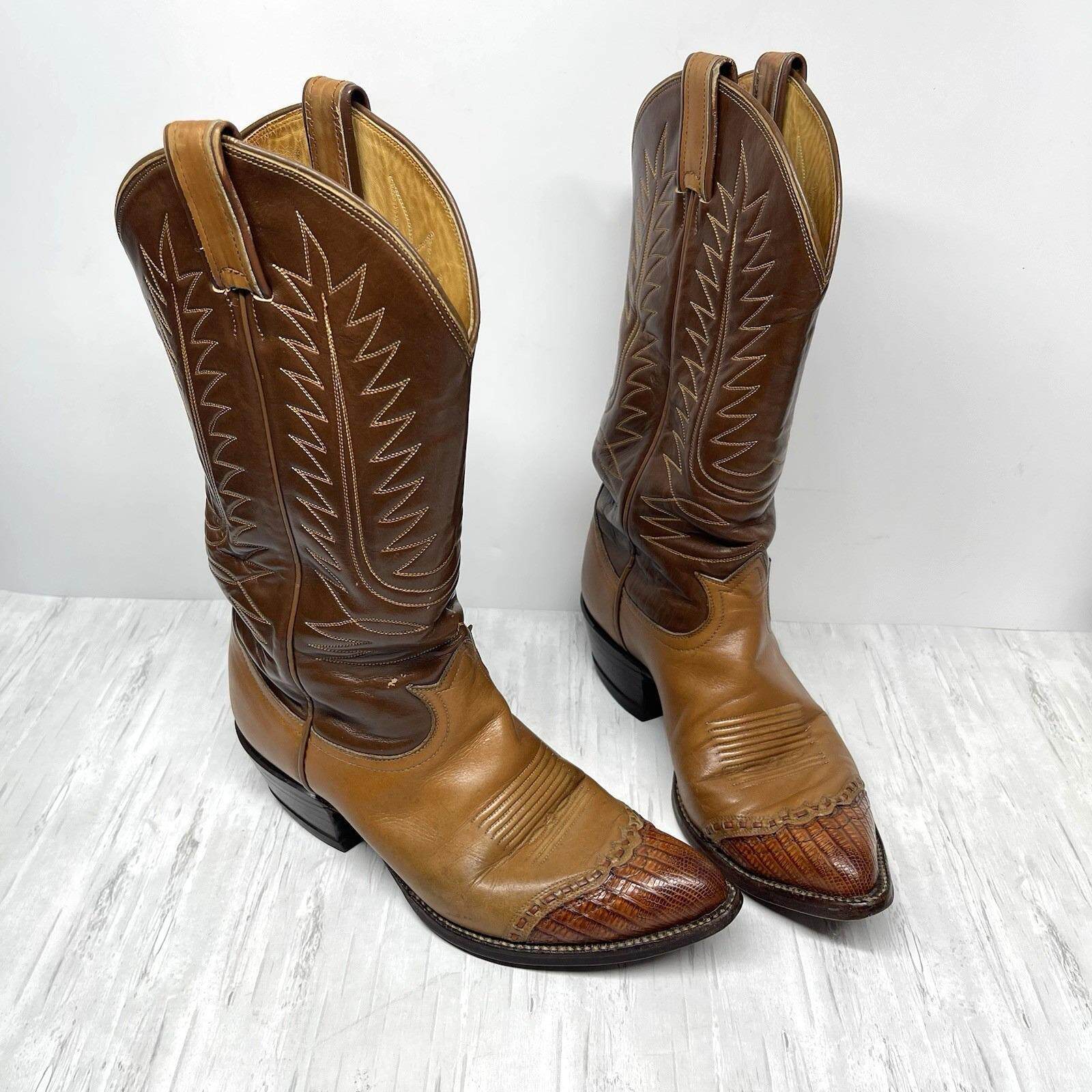 海外代购Cowboy◇古着复古西部牛仔棕色真皮刺绣蜥蜴皮翼尖靴子