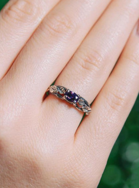 女纯银复古紫水晶镶嵌戒指叶子