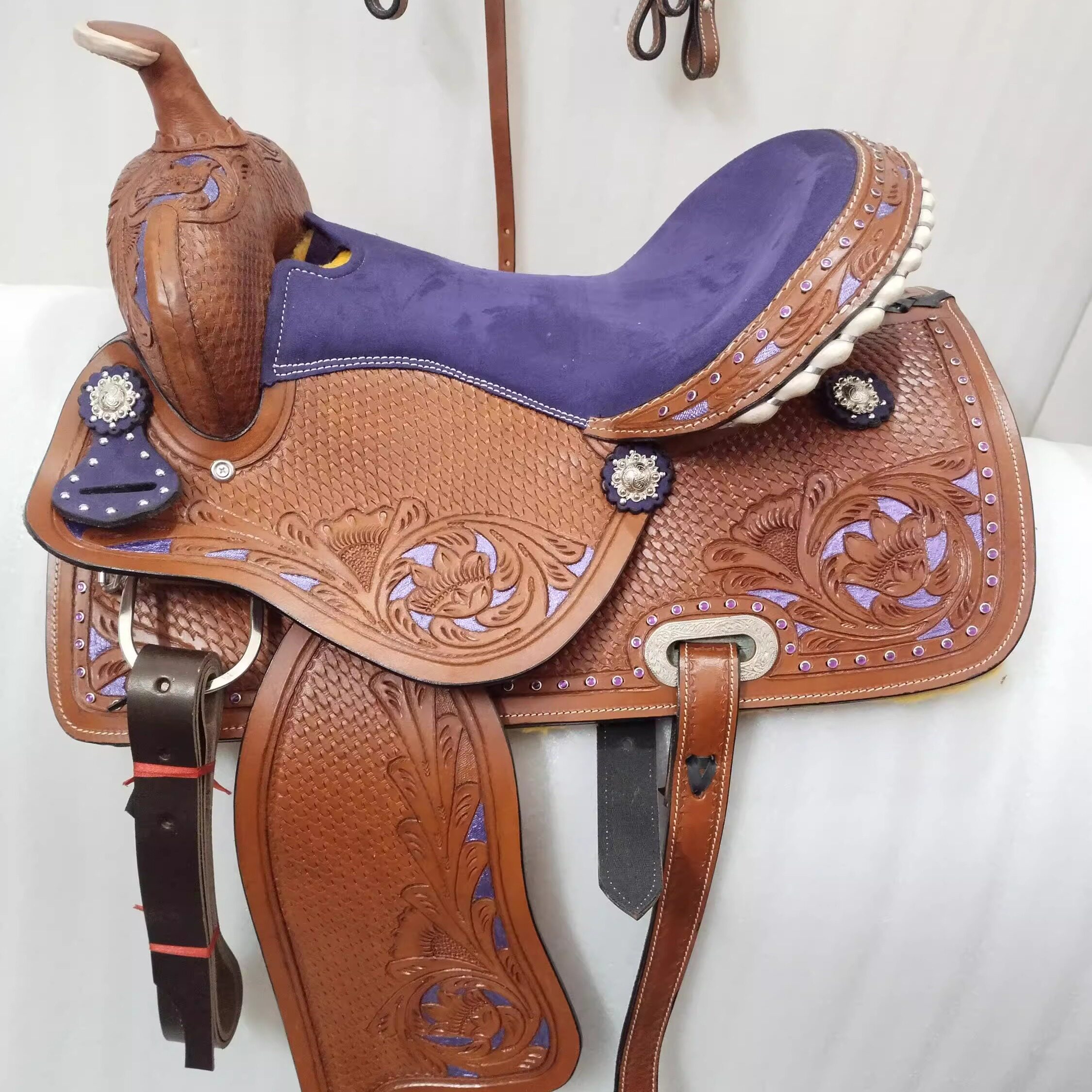 海外代购Saddle◎手作定制紫色桶马衔铁胸带西部牛皮赛马鞍套装