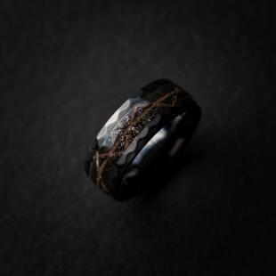 海外代购Meteorite◇手作陨石镶嵌恐龙化石18K金丝锤纹男士戒指