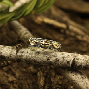 海外代购 Band◇手作复古双色白金树皮黄金树叶婚戒4K金情侣戒指