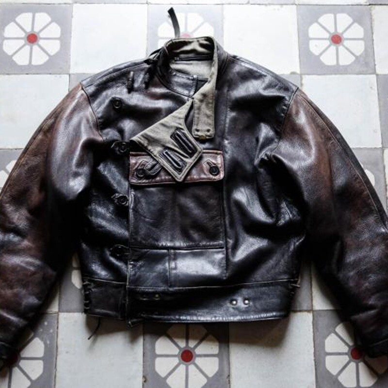法国代购Biker◇古着复古棕栗色皮革苔绿色羊毛男士机车夹克皮衣