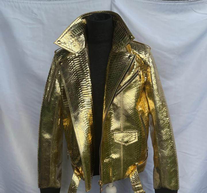 印度尼西亚代购Biker◇手作奢华金色蟒蛇皮真皮男士机车夹克皮衣