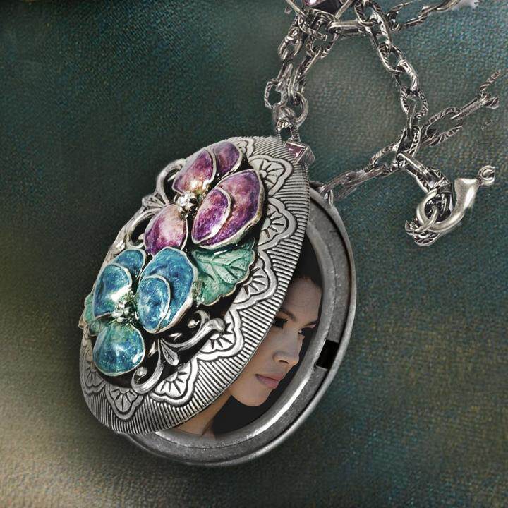 Locket㊣美国代购 手作珐琅美丽三色堇花椭圆形纯银盒子照片项链