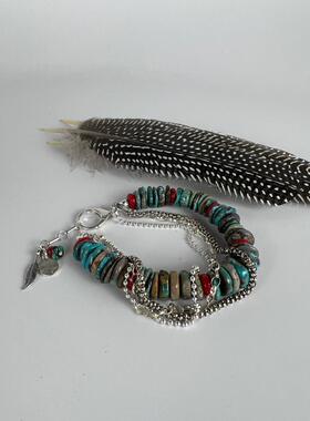 天然绿松石羽毛纯银链手链叠戴