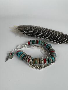 美国代购Turquoise◇手作复古天然绿松石羽毛纯银链多股叠戴手链