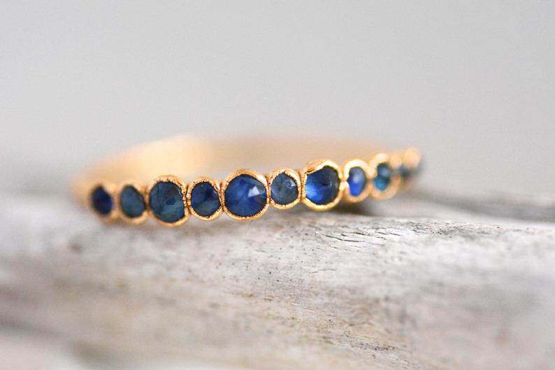 海外代购Sapphire◇手作复古天然蓝色宝石纯银24K镀金结婚戒指