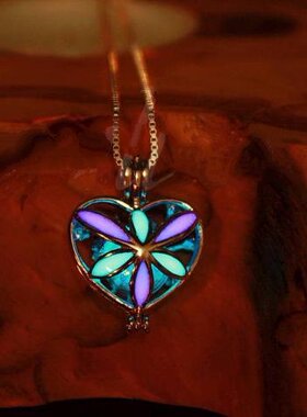 加拿大代购 Heart◇手作银色心形小盒纯银玻璃泡泡蓝紫色夜光项链