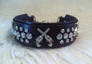 AB水晶铆钉装 饰牛皮皮革狗项圈 △Bling手作特别个性 美国代购