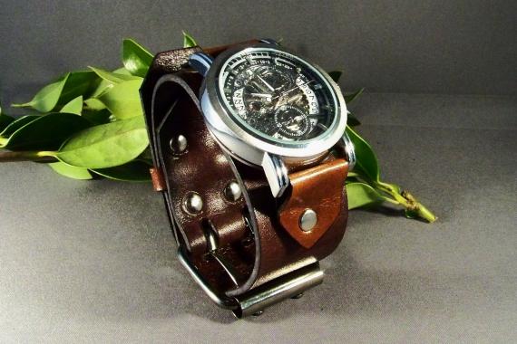 Watch㊣美国代购 手作经典复古蒸汽朋克中性机械手表棕色皮革腕表