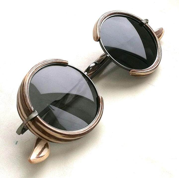 俄罗斯代购 Elegant◇手作复古斑马条纹木质金属框架圆形太阳眼镜