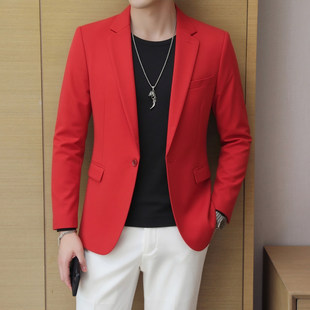 男休闲西装 韩版 西服外套单西上衣双开叉中老年2026新款 大红色 修身