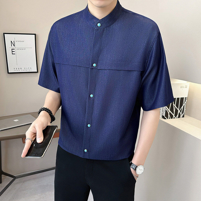 夏季冰丝仿牛仔中袖衬衫牛仔蓝宝石蓝衬衣2026夏装男装青少年潮流