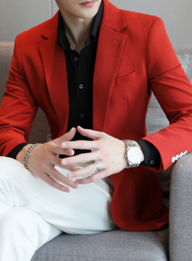2025春秋季男士红色小西装大码休闲单西外套潮流帅气西服潮中青年