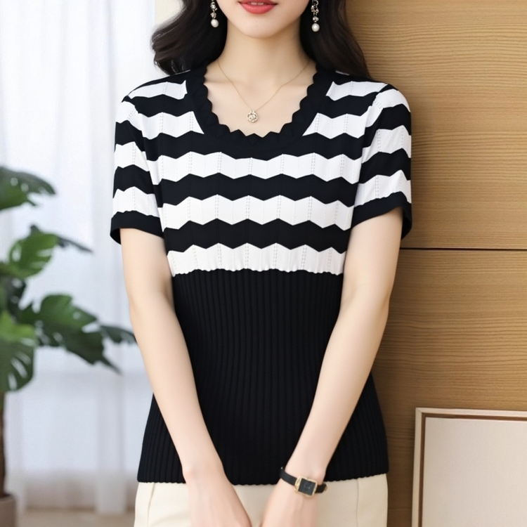 花边领短袖桑蚕丝时尚透气针织衫