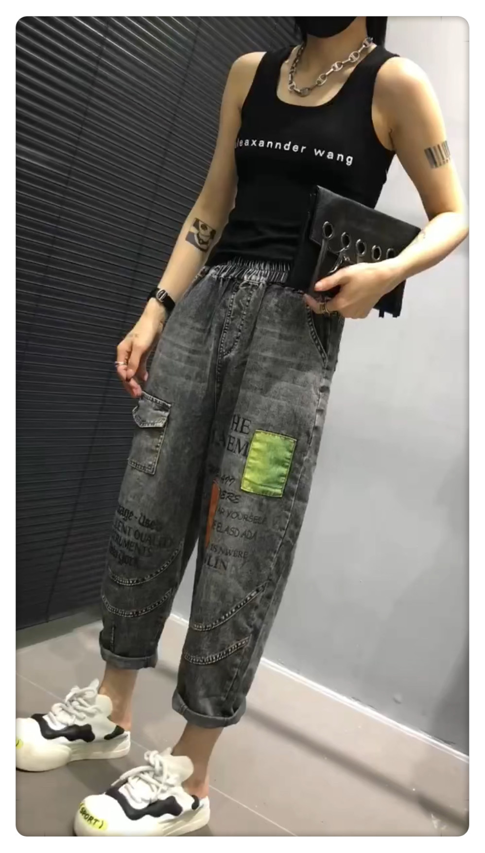 欧货复古老爹裤女2024春夏新款彩色补钉松紧腰薄款九分裤休闲裤子