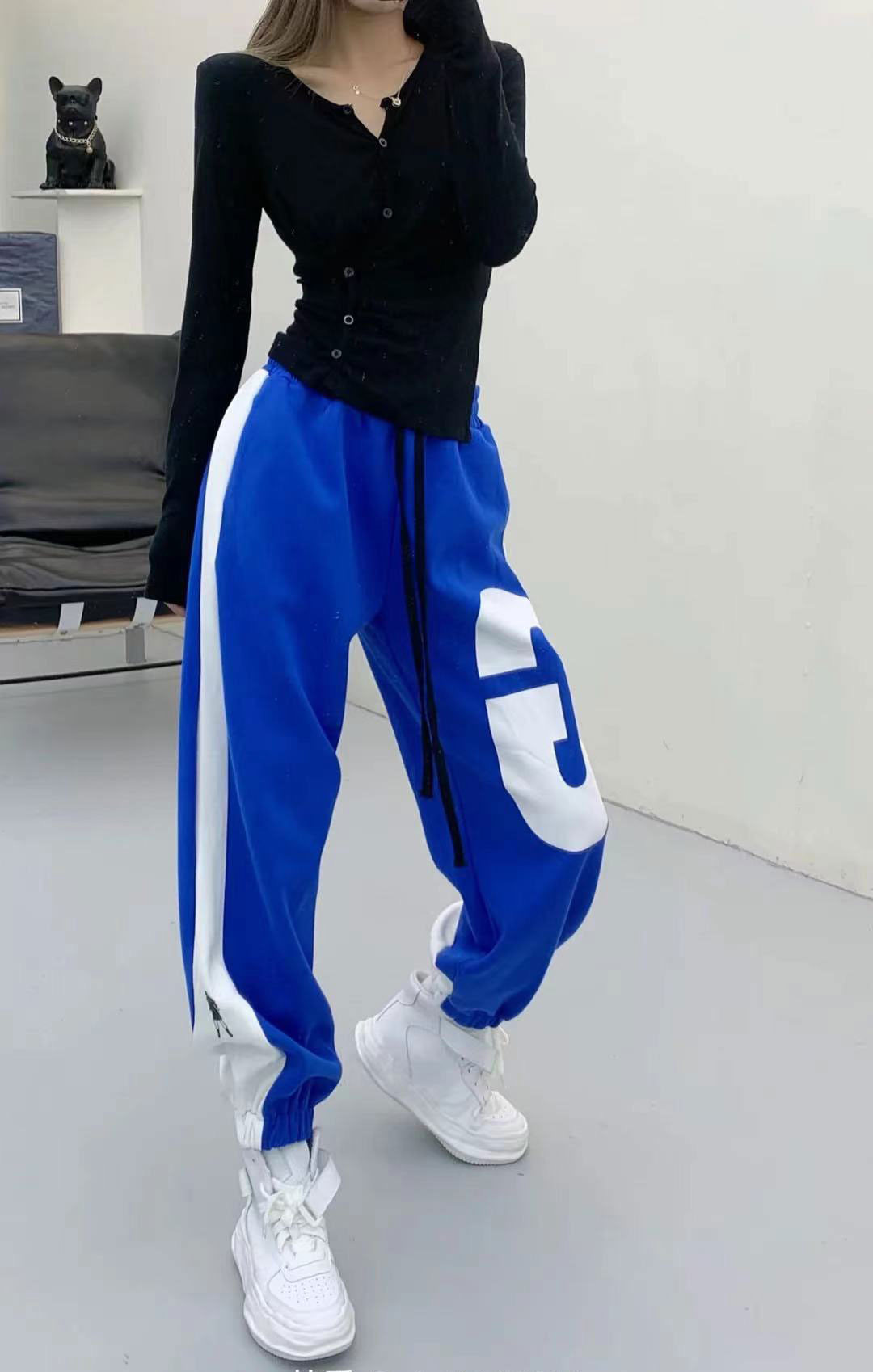 蓝色大GG字母束脚休闲运动裤女秋冬欧货嘻哈街舞宽松显瘦卫裤潮牌