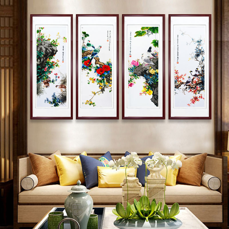 苏绣成品挂画颜伯龙花鸟四条屏苏州纯手工刺绣客厅书房中式装饰画