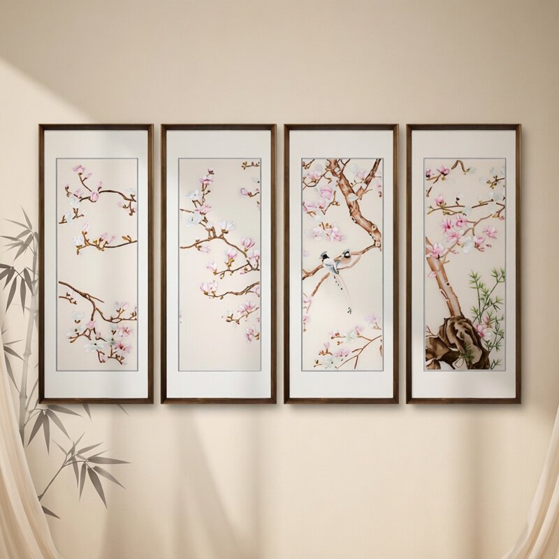 苏绣成品挂画玉兰花鸟四条屏苏州纯手工刺绣客厅书房中式装饰画