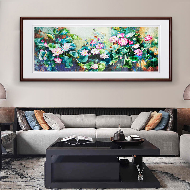 苏绣成品挂画荷花客厅沙发背景墙装饰画纯手工刺绣新中式图片