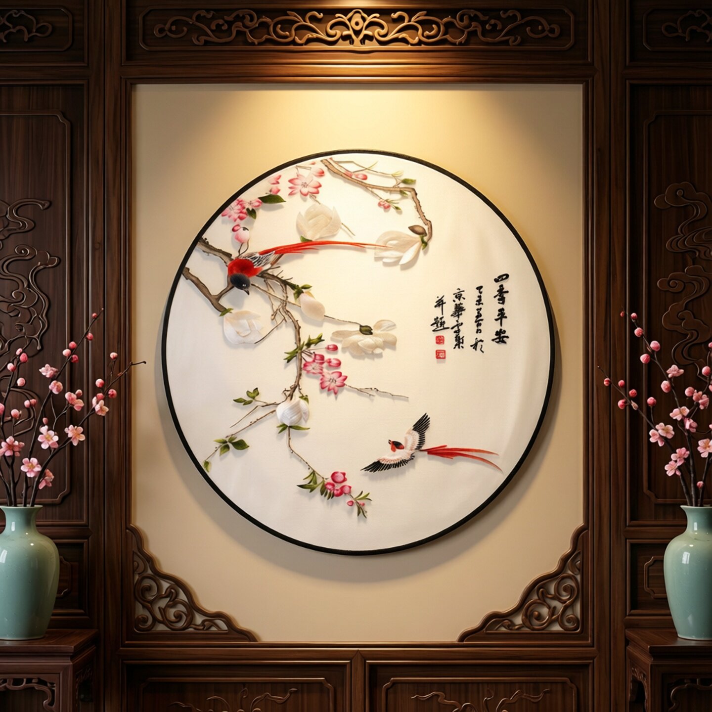 苏绣成品挂画圆形玉兰花鸟苏州手工真丝刺绣玄关客厅装饰画中式