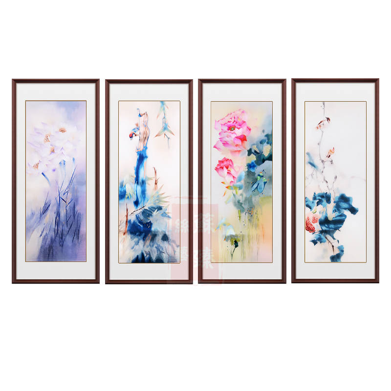 苏绣成品挂画四条屏荷花客厅新中式纯手工刺绣背景墙装饰壁画图片